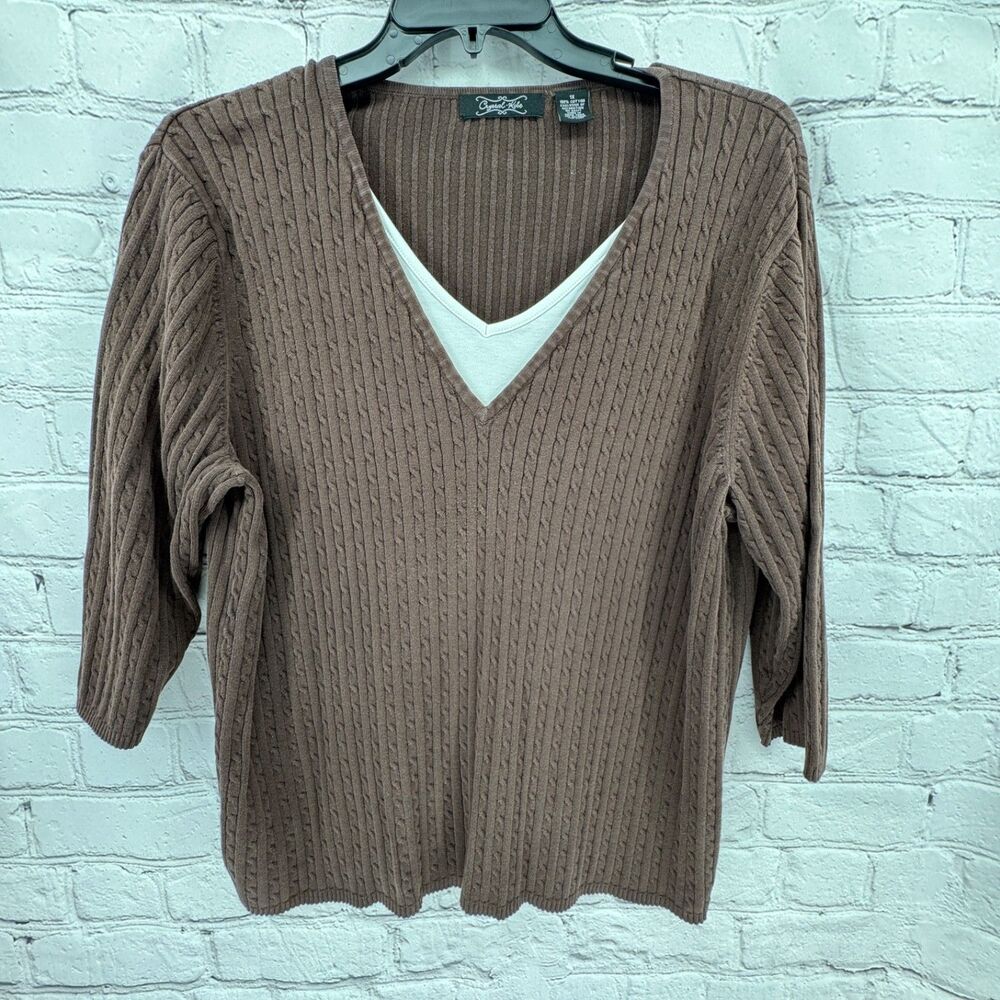 Crystal Kobe Sweater Women's 1X Plus Brown Faux Shirt Cable 3/4 Sleeve Cotton